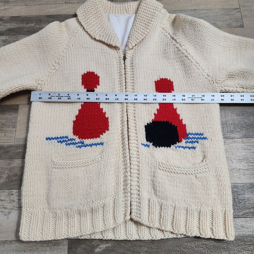 Bowling Cowichan Sweater 1950s Hand Knit Lined Wool Cardigan Talon Zip Pinup  M - Picture 9 of 16